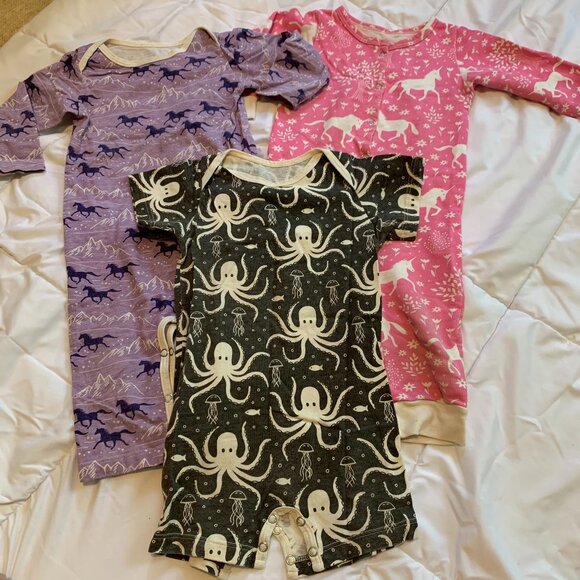 Winter Water Factory Organic 12M Baby 3pc Bundle Rompers Octopus Horses Unicorns